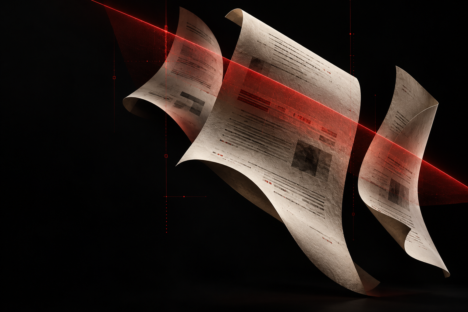 Composición conceptual de documentos atravesados por una luz roja de análisis
